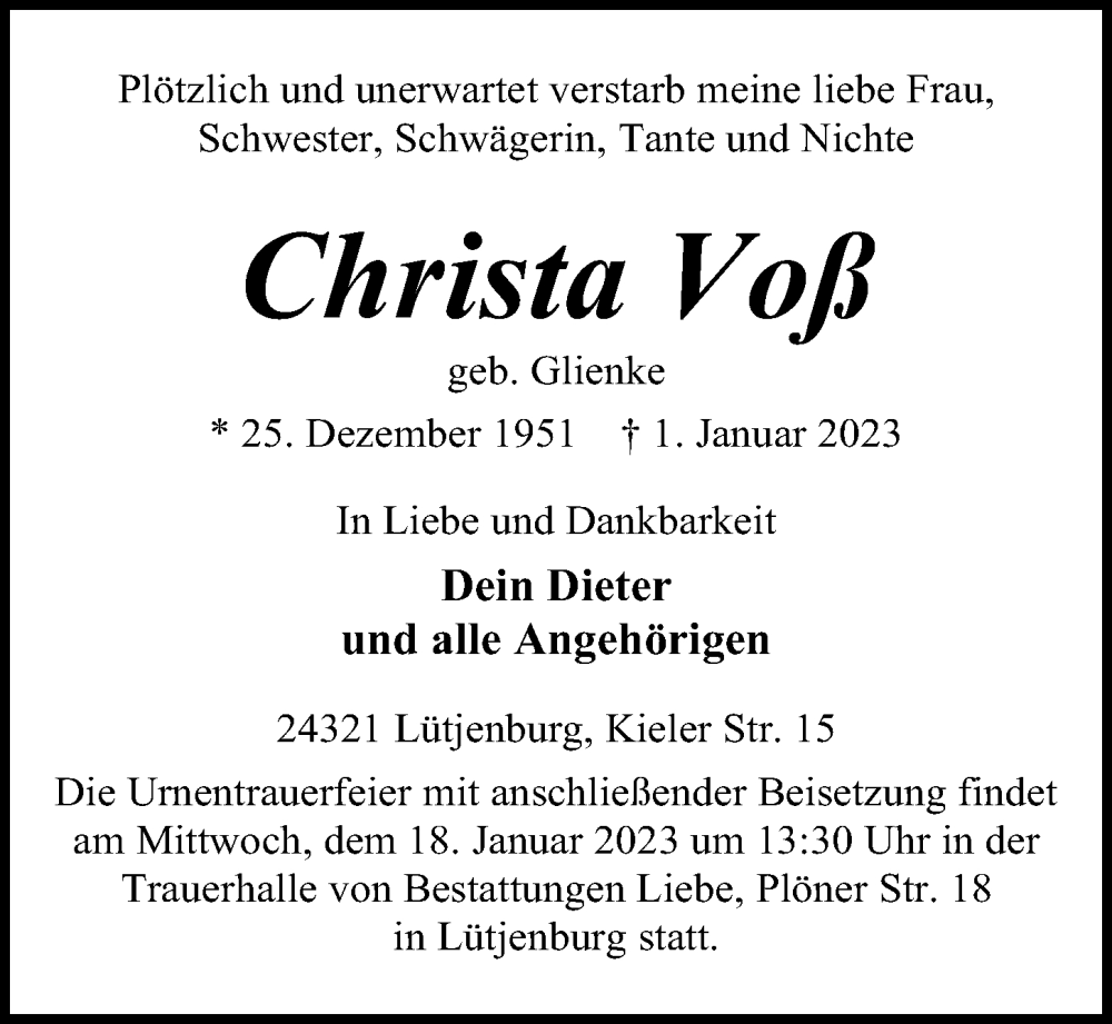  Traueranzeige für Christa Voß vom 07.01.2023 aus Kieler Nachrichten