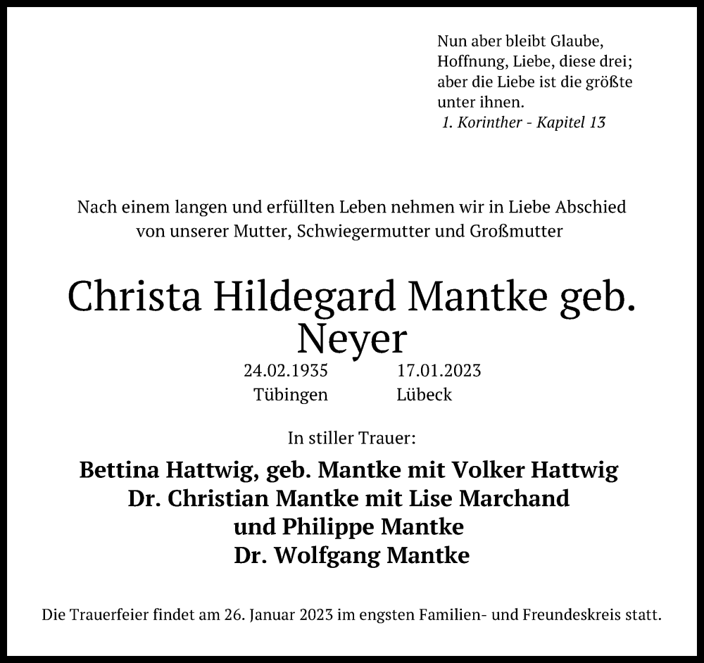  Traueranzeige für Christa Hildegard Mantke vom 22.01.2023 aus Lübecker Nachrichten