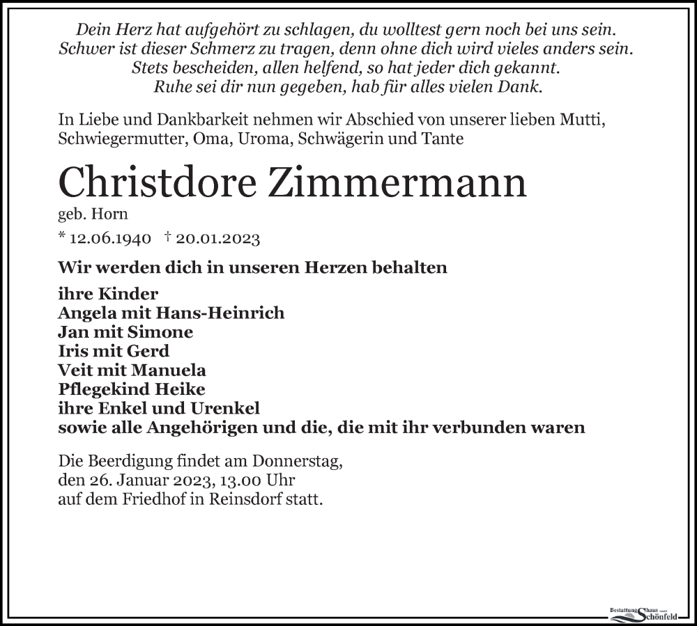  Traueranzeige für Christdore Zimmermann vom 24.01.2023 aus Leipziger Volkszeitung