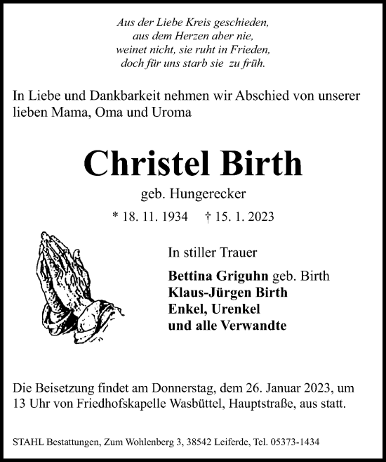 Traueranzeige von Christel Birth von Aller Zeitung