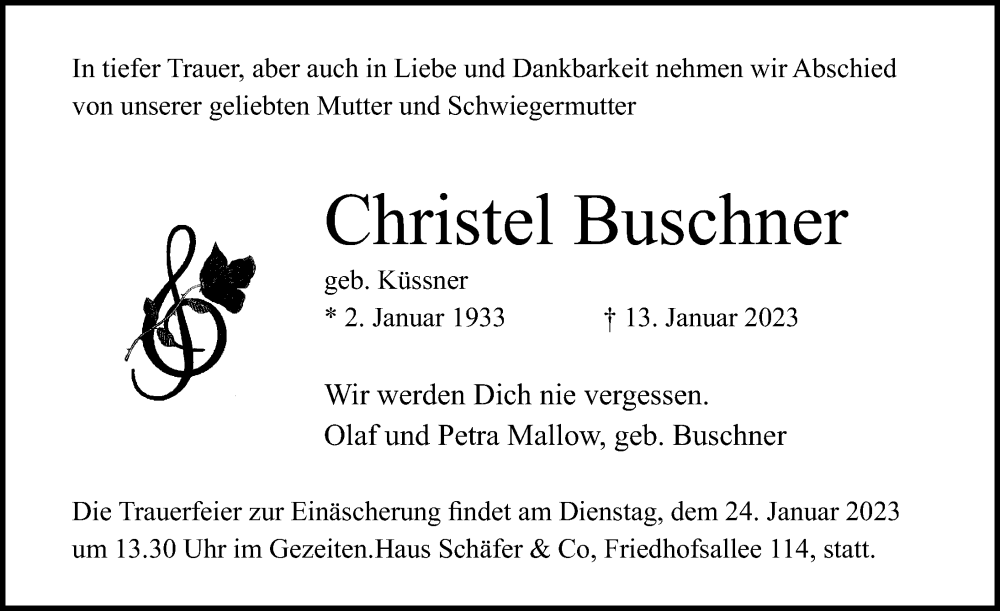  Traueranzeige für Christel Buschner vom 22.01.2023 aus Lübecker Nachrichten
