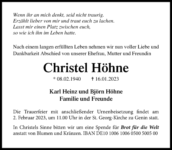 Traueranzeige von Christel Höhne von Lübecker Nachrichten