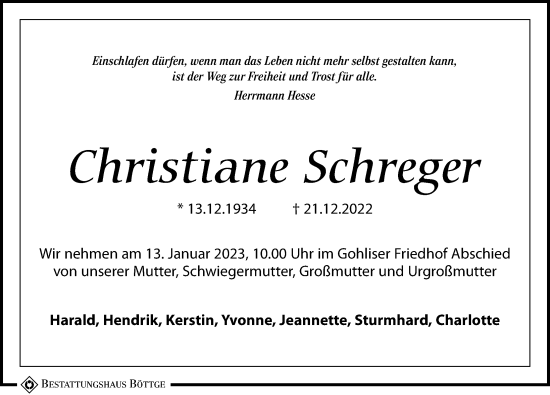 Traueranzeige von Christiane Schreger von Leipziger Volkszeitung