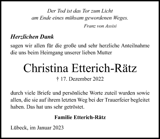 Traueranzeige von Christina Etterich-Rätz von Lübecker Nachrichten