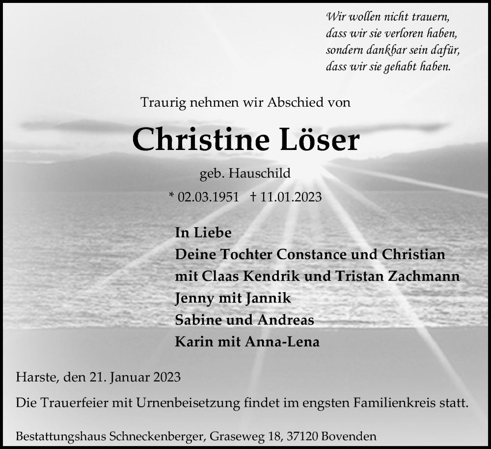  Traueranzeige für Christine Löser vom 21.01.2023 aus Göttinger Tageblatt