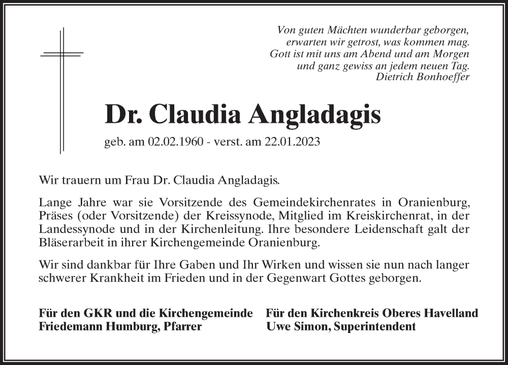  Traueranzeige für Claudia Angladagis vom 25.01.2023 aus Märkischen Allgemeine Zeitung