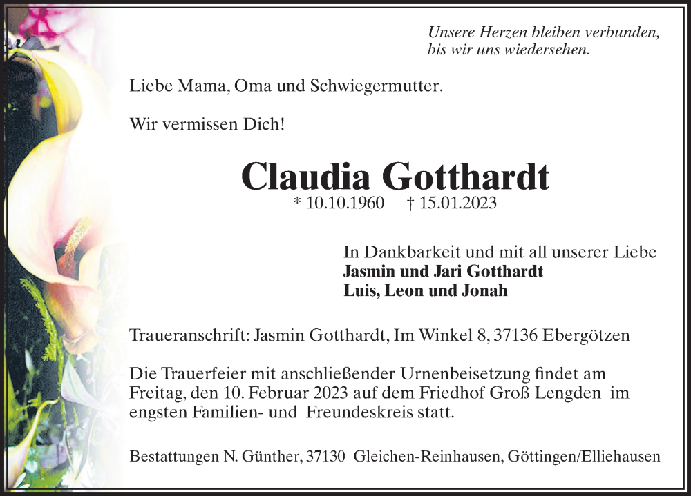  Traueranzeige für Claudia Gotthardt vom 21.01.2023 aus Göttinger Tageblatt