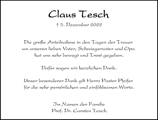 Traueranzeige von Claus Tesch von Kieler Nachrichten