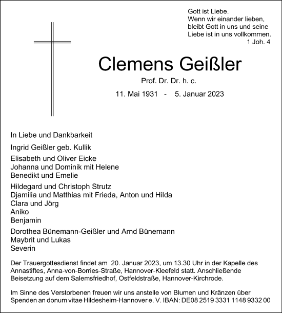 Traueranzeige von Clemens Geißler von Hannoversche Allgemeine Zeitung/Neue Presse