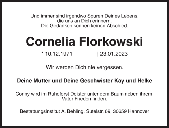 Traueranzeige von Cornelia Florkowski von Hannoversche Allgemeine Zeitung/Neue Presse