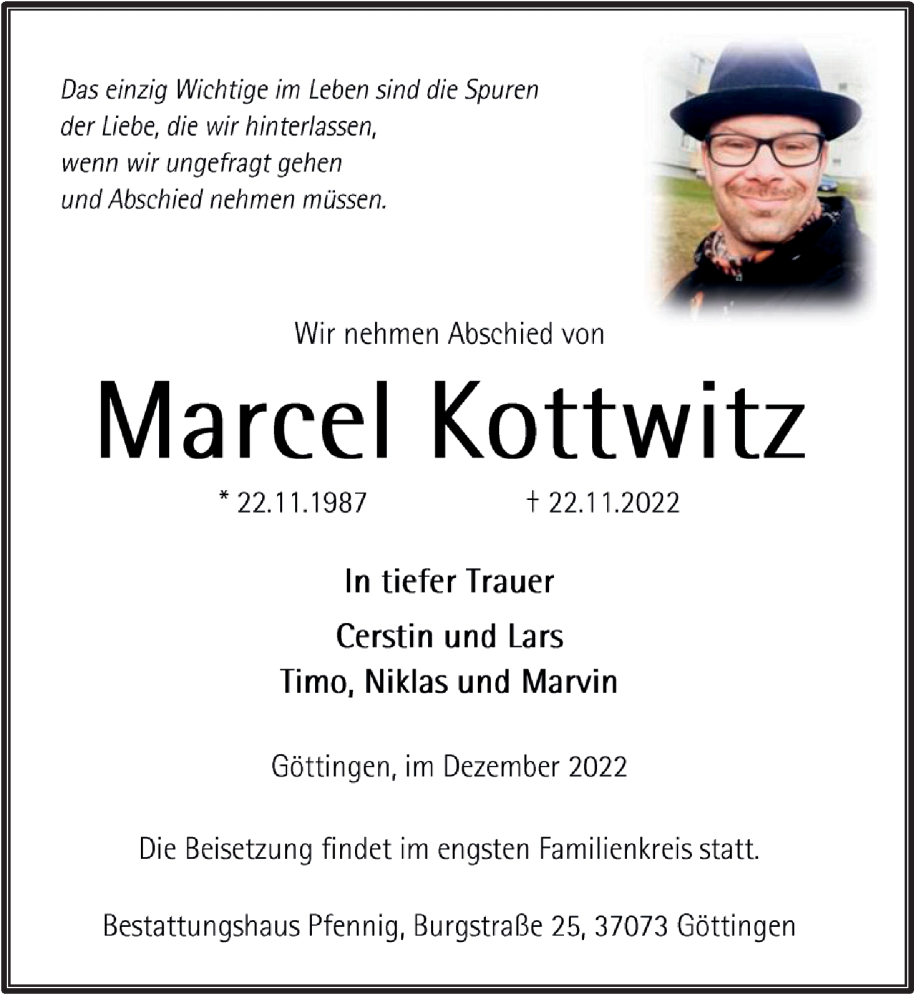  Traueranzeige für Marcel Kottwitz vom 03.12.2022 aus Göttinger Tageblatt