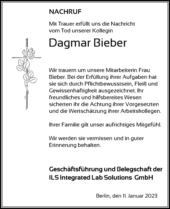 Traueranzeige von Dagmar Bieber von Märkischen Allgemeine Zeitung