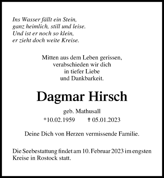 Traueranzeige von Dagmar Hirsch von Ostsee-Zeitung GmbH