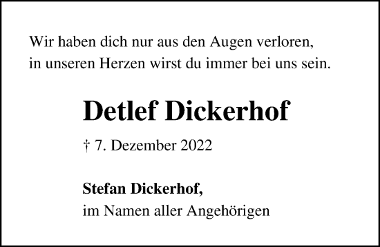 Traueranzeige von Detlef Dickerhof von Lübecker Nachrichten