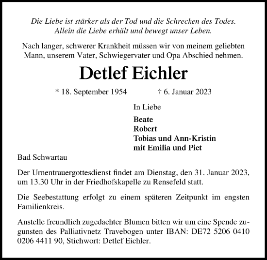 Traueranzeige von Detlef Eichler von Lübecker Nachrichten