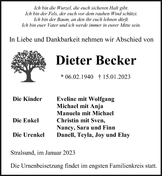 Traueranzeige von Dieter Becker von Ostsee-Zeitung GmbH