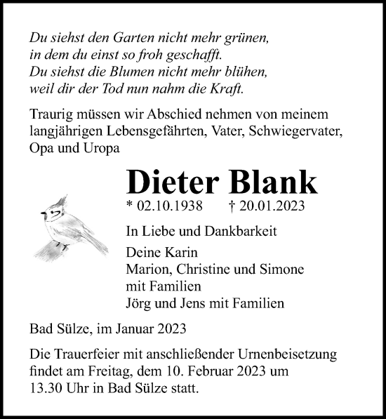 Traueranzeige von Dieter Blank von Ostsee-Zeitung GmbH