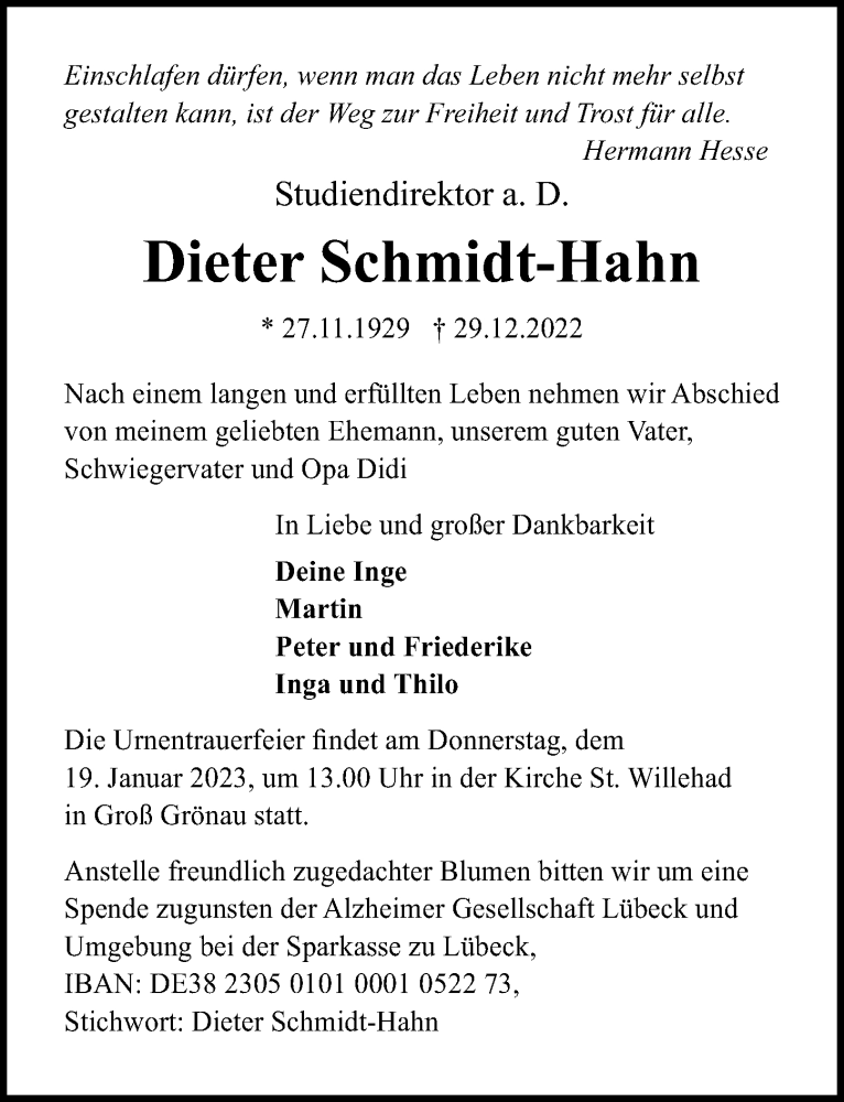  Traueranzeige für Dieter Schmidt-Hahn vom 08.01.2023 aus Lübecker Nachrichten