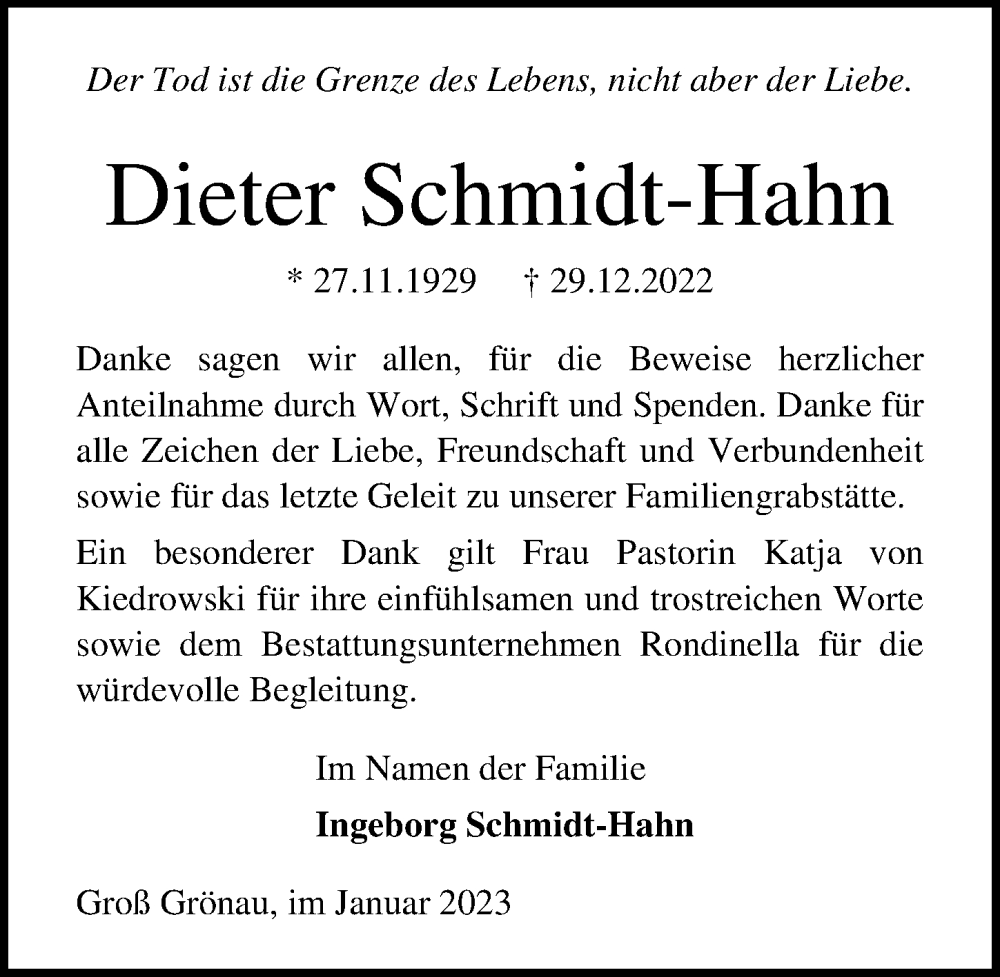  Traueranzeige für Dieter Schmidt-Hahn vom 29.01.2023 aus Lübecker Nachrichten