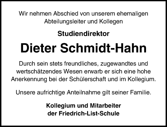 Traueranzeige von Dieter Schmidt-Hahn von Lübecker Nachrichten