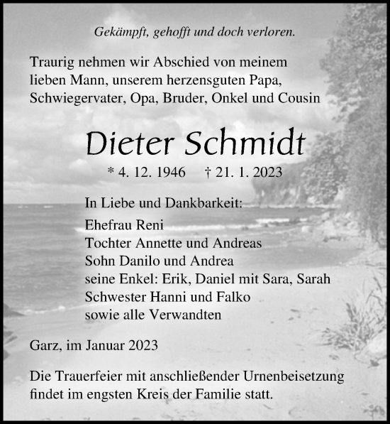 Traueranzeige von Dieter Schmidt von Ostsee-Zeitung GmbH