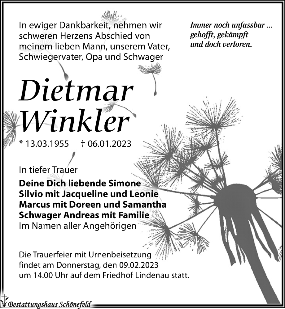  Traueranzeige für Dietmar Winkler vom 28.01.2023 aus Leipziger Volkszeitung
