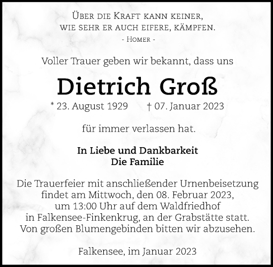 Traueranzeige von Dietrich Groß von Märkischen Allgemeine Zeitung
