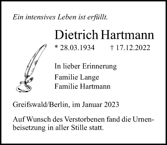 Traueranzeige von Dietrich Hartmann von Ostsee-Zeitung GmbH