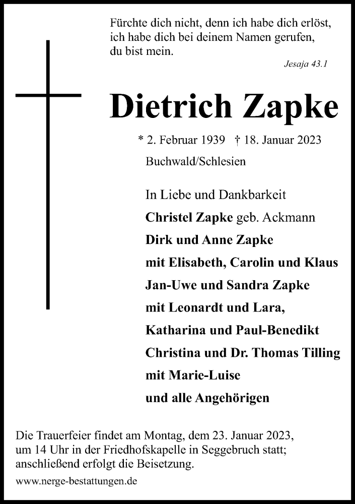  Traueranzeige für Dietrich Zapke vom 21.01.2023 aus Schaumburger Nachrichten