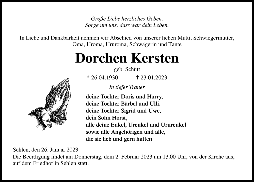 Traueranzeige für Dorchen Kersten vom 28.01.2023 aus Ostsee-Zeitung GmbH