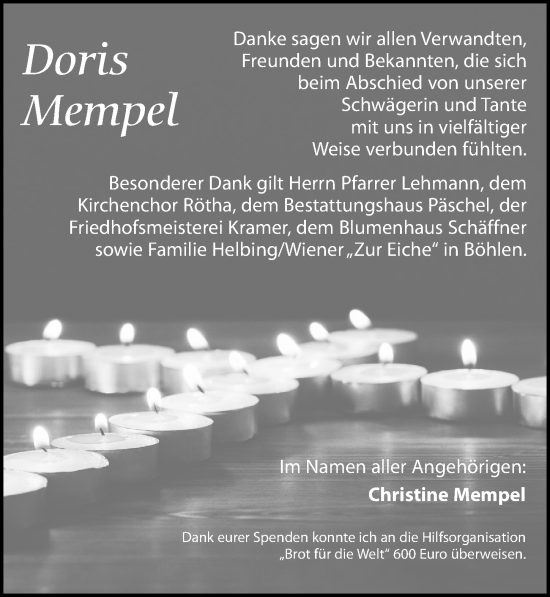 Traueranzeige von Doris Mempel von Leipziger Volkszeitung