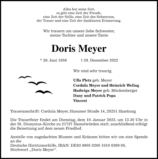 Traueranzeige von Doris Meyer von Lübecker Nachrichten