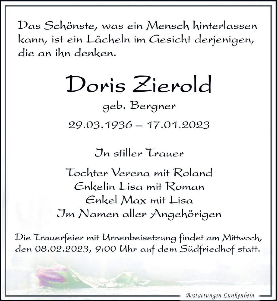  Traueranzeige für Doris Zierold vom 21.01.2023 aus Leipziger Volkszeitung