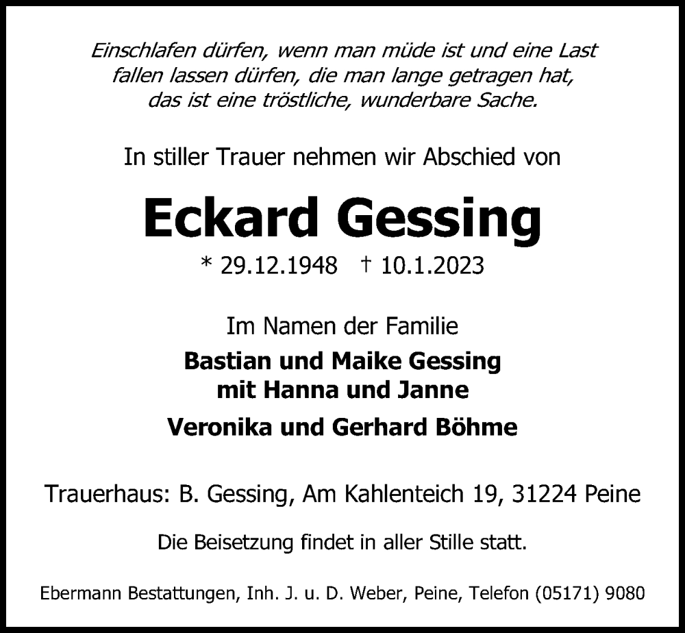  Traueranzeige für Eckard Gessing vom 14.01.2023 aus Peiner Allgemeine Zeitung