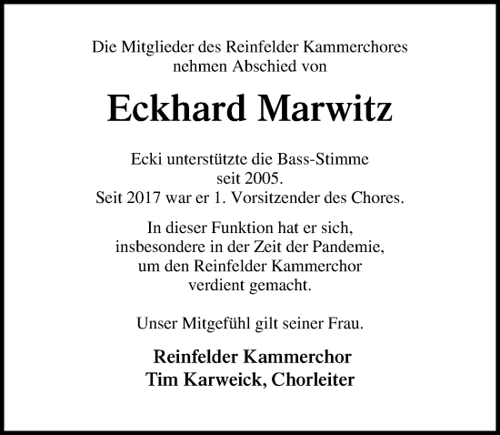 Traueranzeige von Eckhard Marwitz von Lübecker Nachrichten