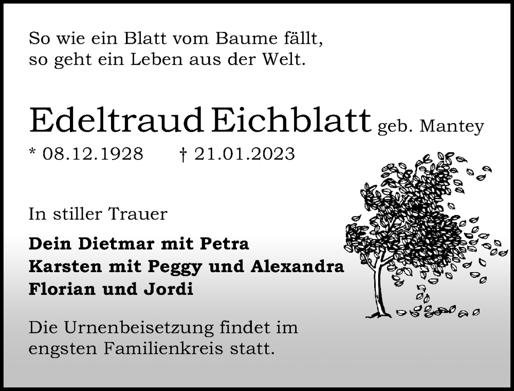  Traueranzeige für Edeltraud Eichblatt vom 28.01.2023 aus Märkischen Allgemeine Zeitung
