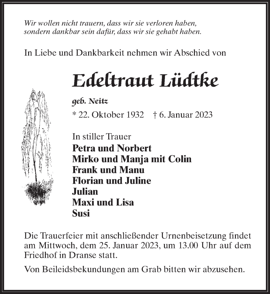 Traueranzeige für Edeltraut Lüdtke vom 14.01.2023 aus Märkischen Allgemeine Zeitung
