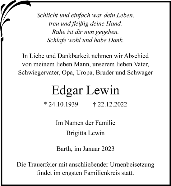 Traueranzeige von Edgar Lewin von Ostsee-Zeitung GmbH