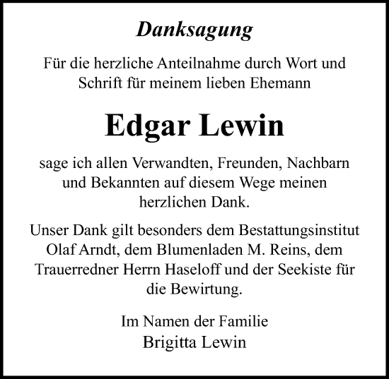 Traueranzeige von Edgar Lewin von Ostsee-Zeitung GmbH