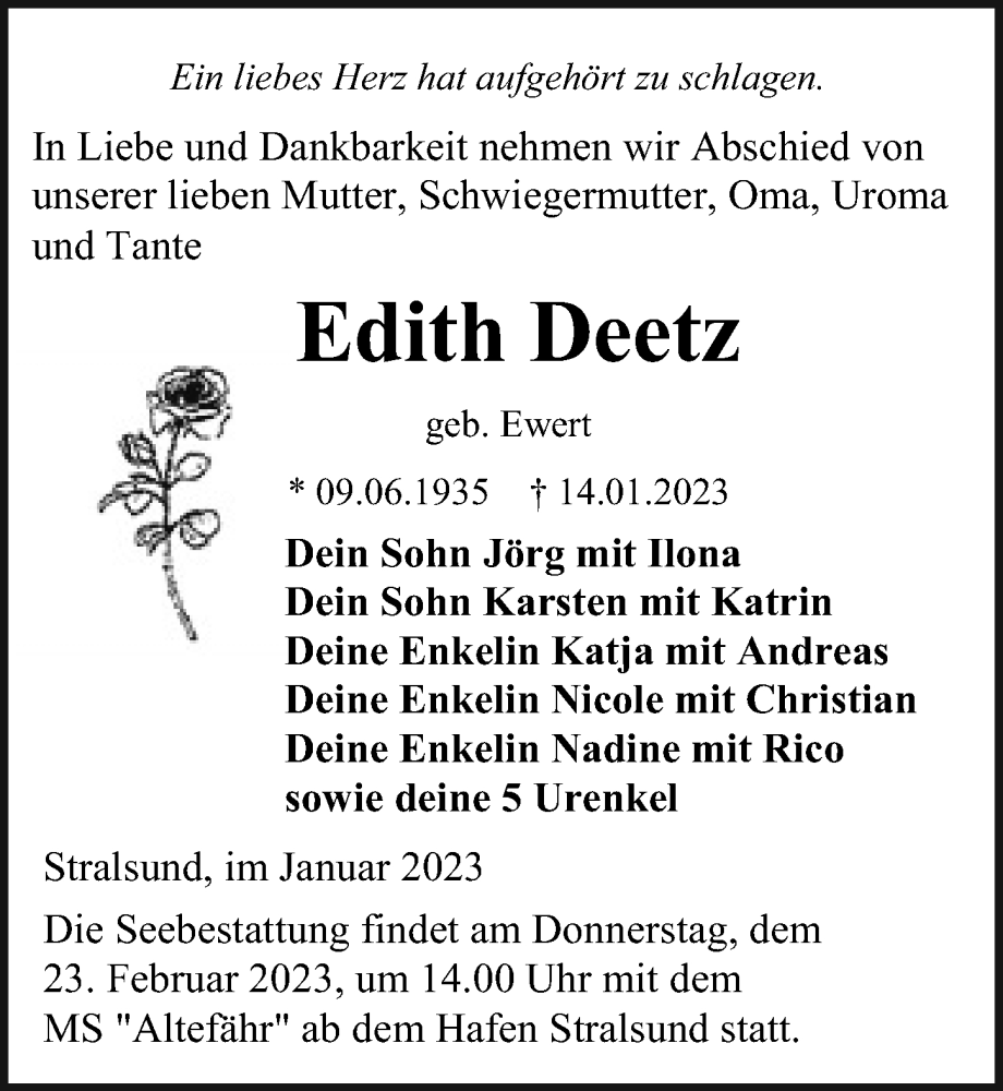  Traueranzeige für Edith Deetz vom 21.01.2023 aus Ostsee-Zeitung GmbH