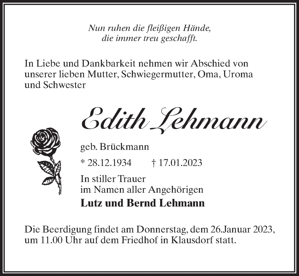  Traueranzeige für Edith Lehmann vom 21.01.2023 aus Märkischen Allgemeine Zeitung