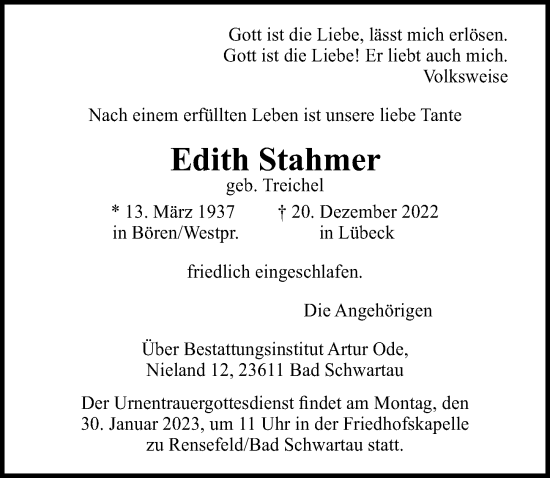 Traueranzeige von Edith Stahmer von Lübecker Nachrichten