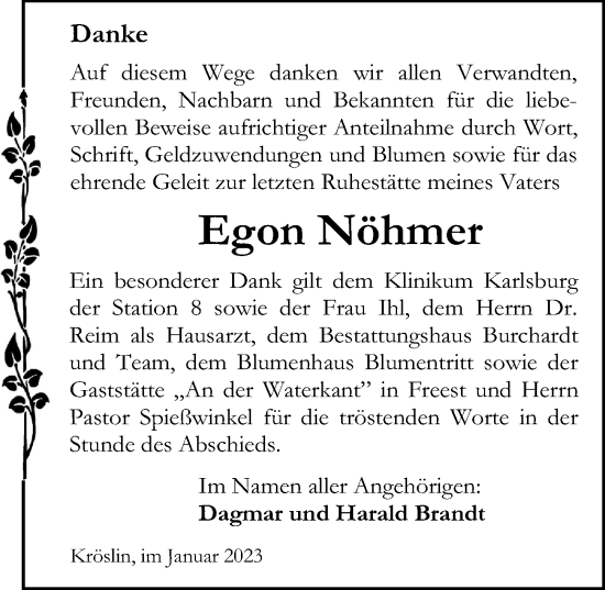 Traueranzeige von Egon Nöhmer von Ostsee-Zeitung GmbH