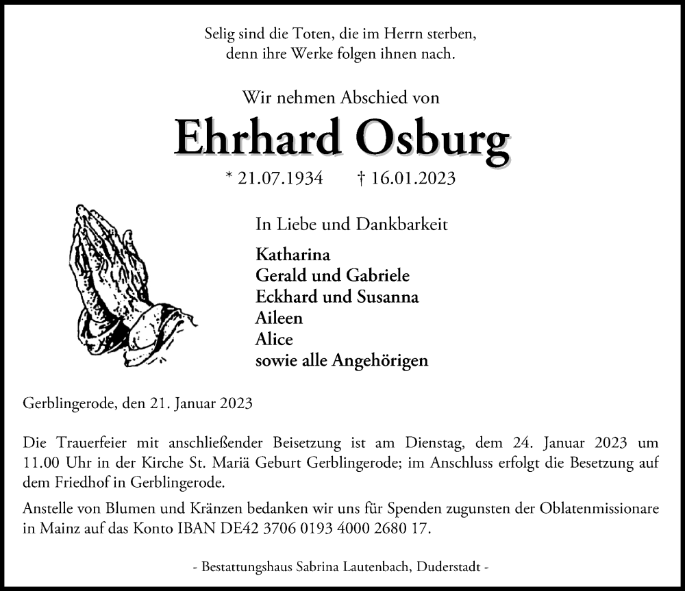  Traueranzeige für Ehrhard Osburg vom 21.01.2023 aus Eichsfelder Tageblatt
