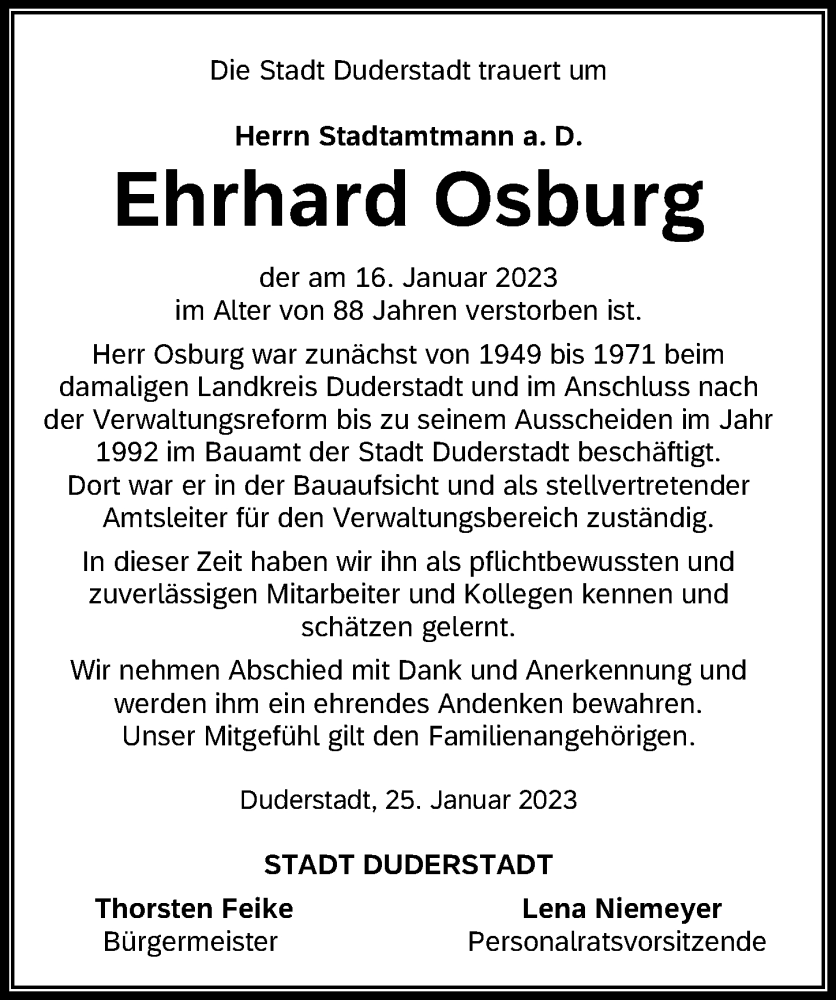  Traueranzeige für Ehrhard Osburg vom 25.01.2023 aus Eichsfelder Tageblatt