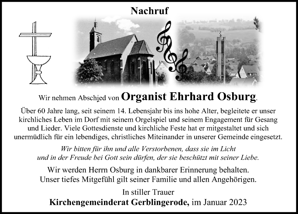  Traueranzeige für Ehrhard Osburg vom 24.01.2023 aus Eichsfelder Tageblatt