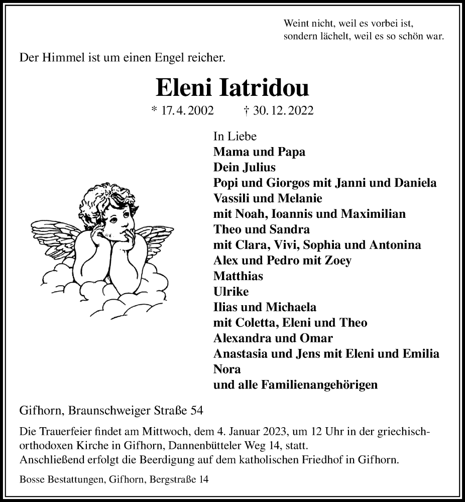  Traueranzeige für Eleni Iatridou vom 03.01.2023 aus Aller Zeitung
