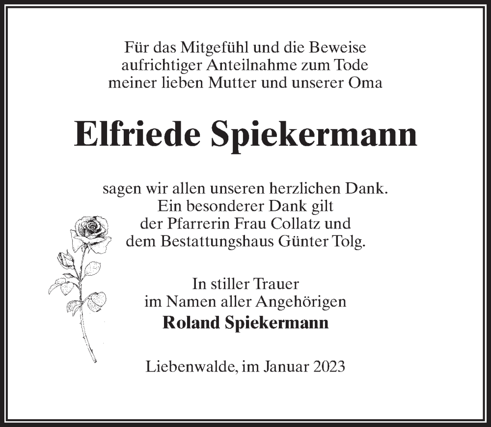  Traueranzeige für Elfriede Spiekermann vom 21.01.2023 aus Märkischen Allgemeine Zeitung