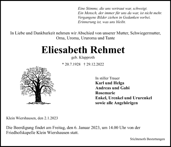 Traueranzeige von Eliesabeth Rehmet von Göttinger Tageblatt