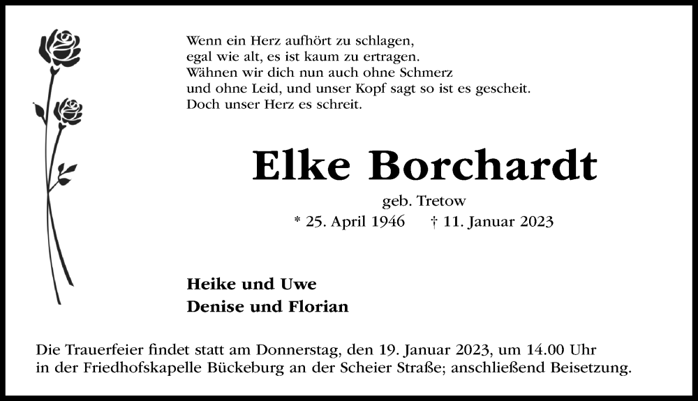  Traueranzeige für Elke Borchardt vom 17.01.2023 aus Schaumburger Nachrichten